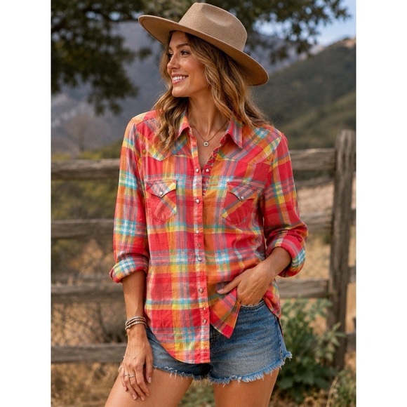 Tin Haul Tops - Tin Haul Western Plaid Snap Button Shirt Womens L Bright Neon Rodeo Cowgirl AA12